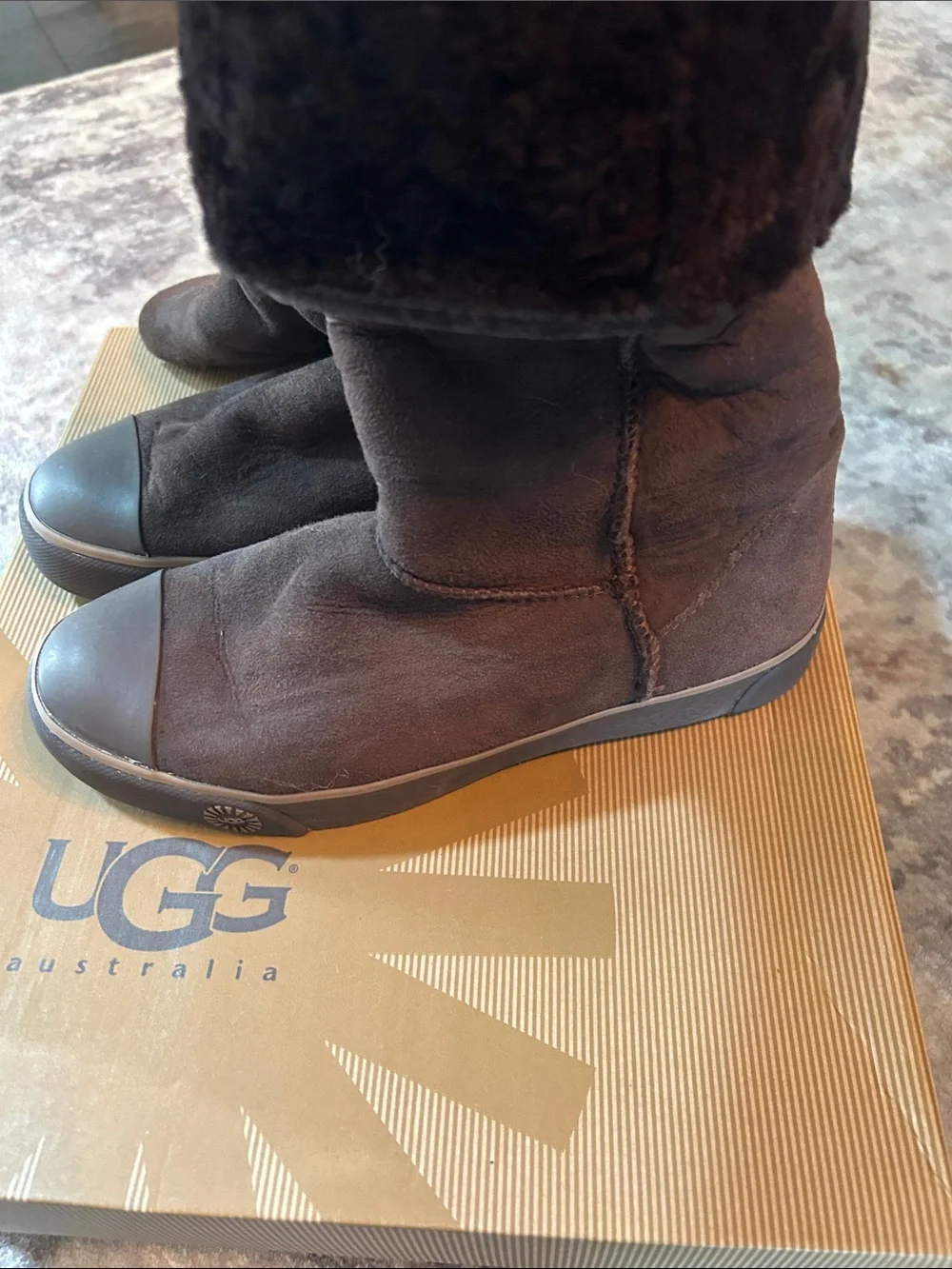 UGG Delaine Brown Suede Wedge Boots with Dark Brown Toe Cap